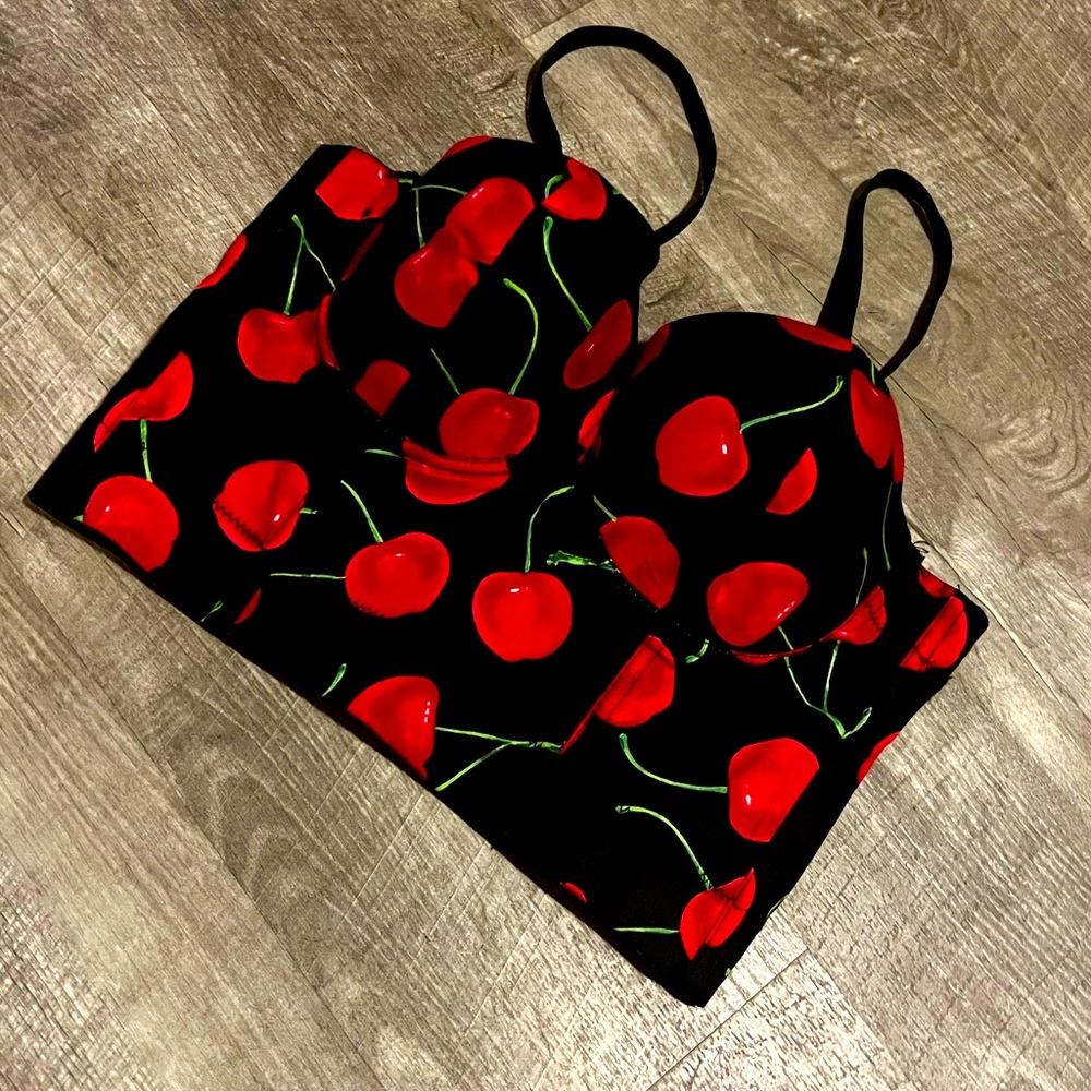 Vibrant Cherry Patterned Black Crop Top - image 1